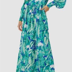 Tropical Green Blue Floral Maxi Dress